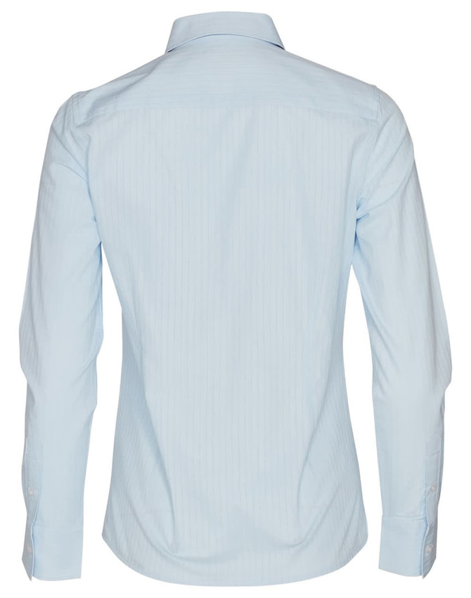 A light blue women's self-stripe long-sleeve button-up shirt with a collar and cuffed sleeves.