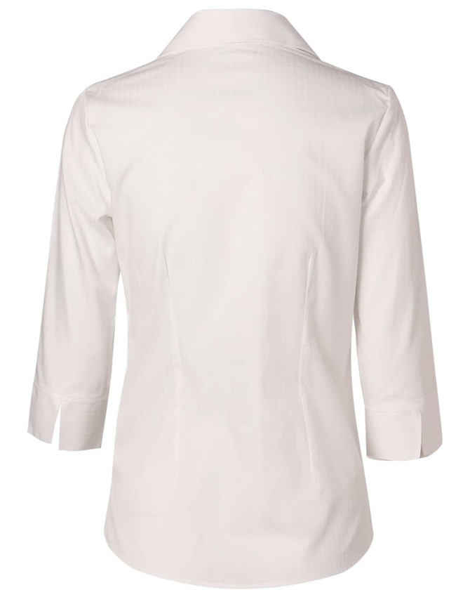 A white women's self-stripe 3/4 sleeve button-up shirt with a tailored fit and a back yoke detail.