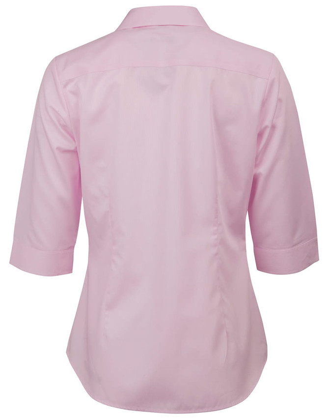 A pink women's button-up shirt with 3/4 sleeves and a fitted design, featuring a logo on the back.