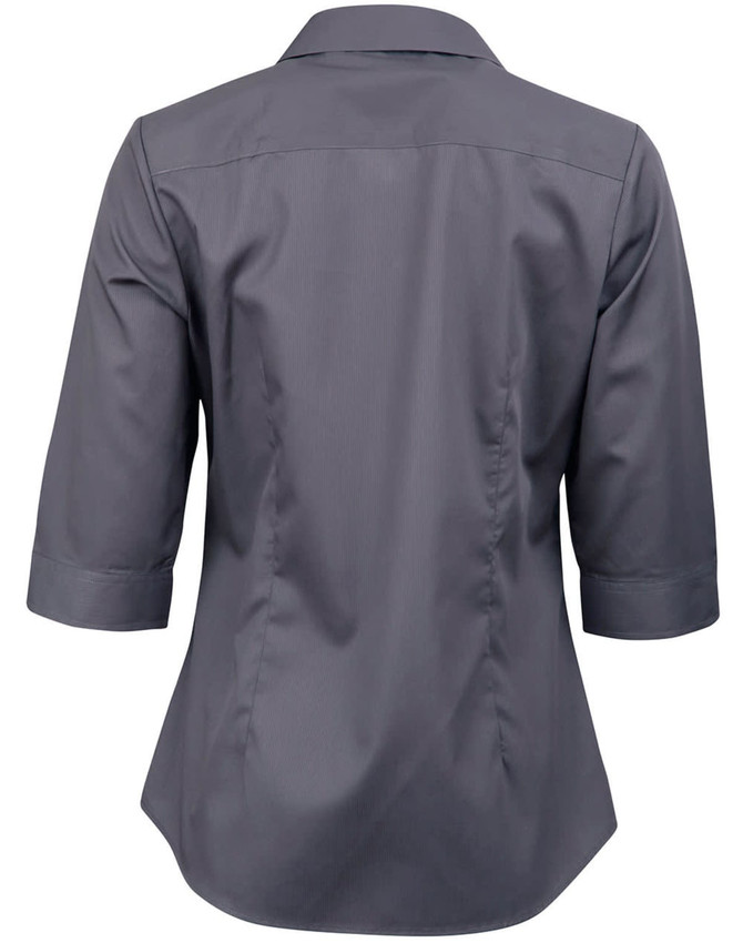 A grey women's button-up shirt with 3/4 sleeves and a dobby striped pattern, featuring a collar and back detailing.