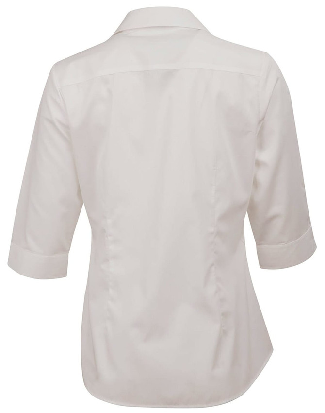 A white, button-up shirt with 3/4 sleeves and a fitted design, featuring a back view and branding on the collar.