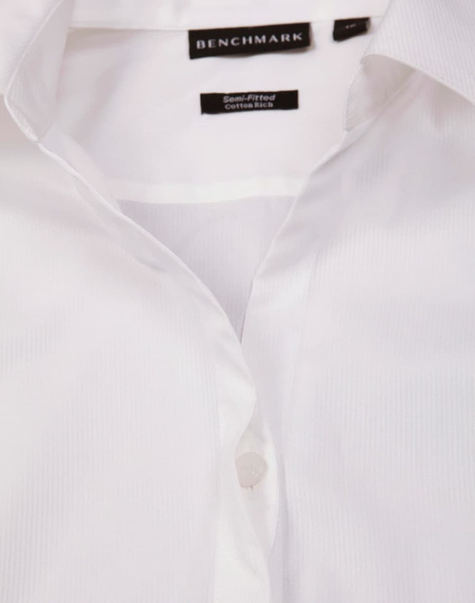 A white, semi-fitted button-up shirt with a dobby striped texture, featuring a collar and button placket. It has a logo.