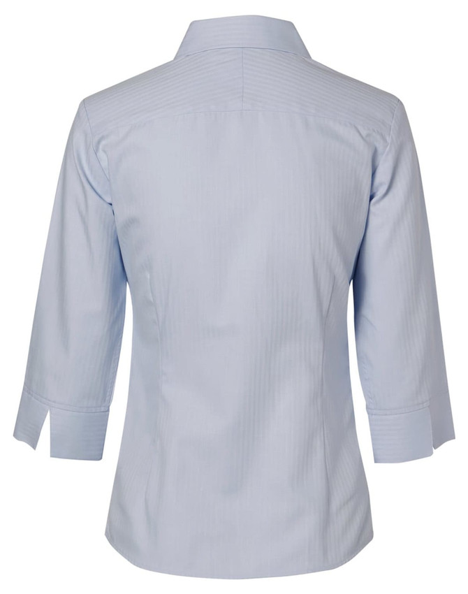 A light blue women's mini herringbone button-up shirt with 3/4 sleeves and a back view design.