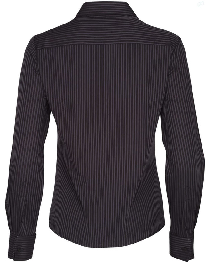 A women's long sleeve button-up shirt in dark grey with a dobby stripe pattern, featuring a collar and long sleeves.
