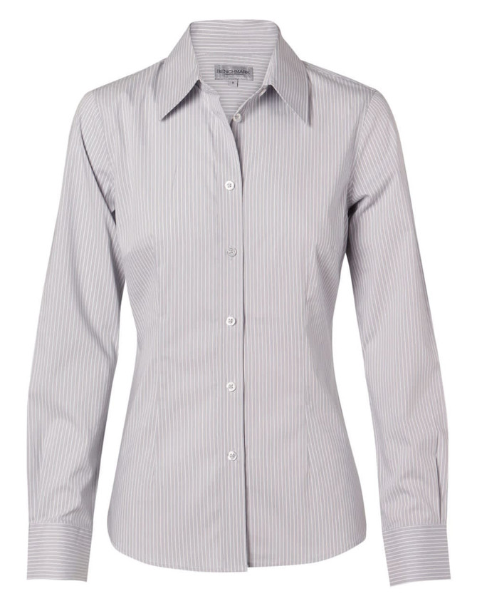 A long-sleeve women's button-up shirt in grey with white ticking stripes and a collared neckline. It features a logo.