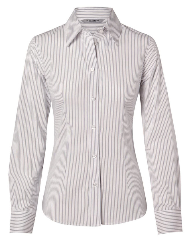 A women's long sleeve button-up shirt with a white and blue ticking stripe pattern. Features a classic collar and branding.