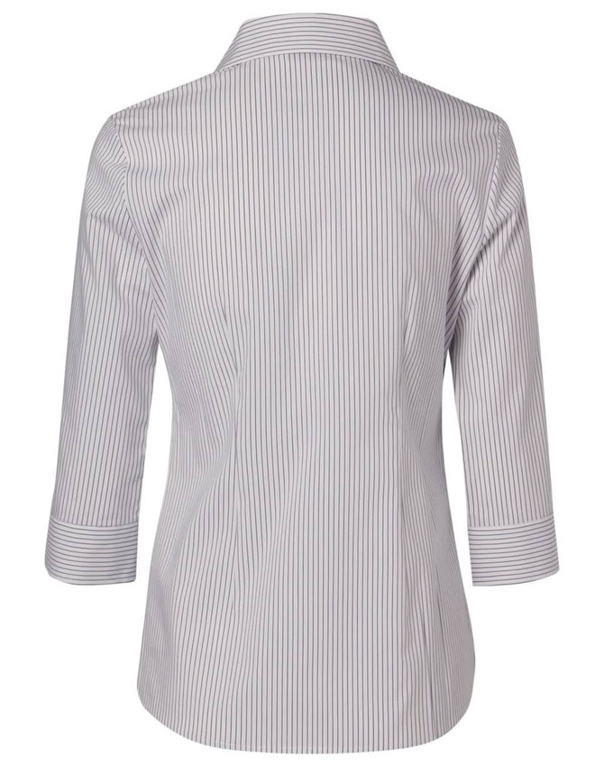 A striped women's 3/4 sleeve button-up shirt in white and navy, featuring a classic collar and rolled sleeves.