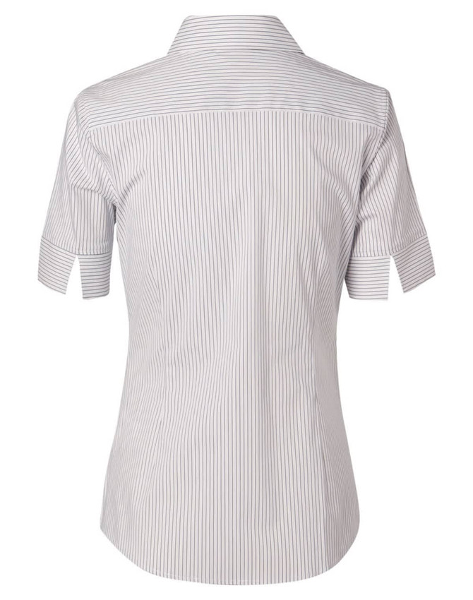 A women's short-sleeve button-up shirt in a ticking stripe pattern, featuring light grey and white colours.
