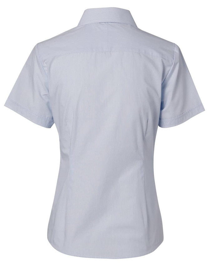 A light blue short-sleeve button-up shirt with fine stripes. The back features a classic collar and has a logo.