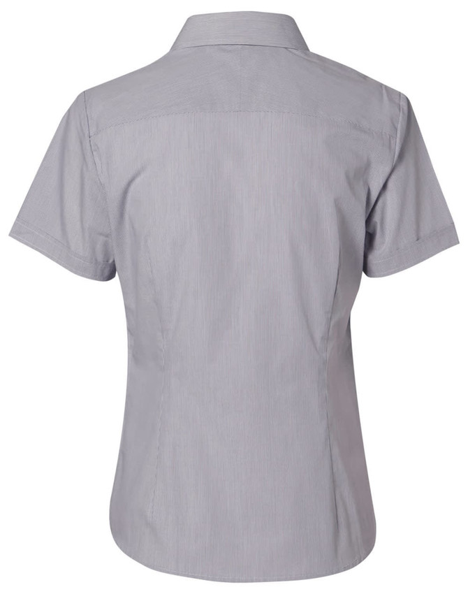 A light grey women's button-up shirt with a fine stripe pattern and short sleeves, featuring a collar and back yoke.