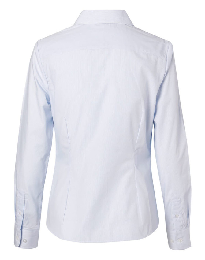 A light blue women's button-up shirt with fine stripes and long sleeves, featuring a branded logo.