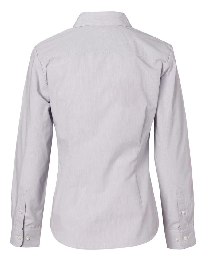 A button-up women's shirt featuring fine stripes in light grey, showcasing a classic collar and long sleeves.