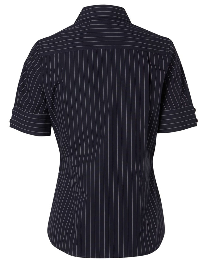 A navy blue women's short sleeve button-up shirt with white pinstripes and a subtle logo on the back.