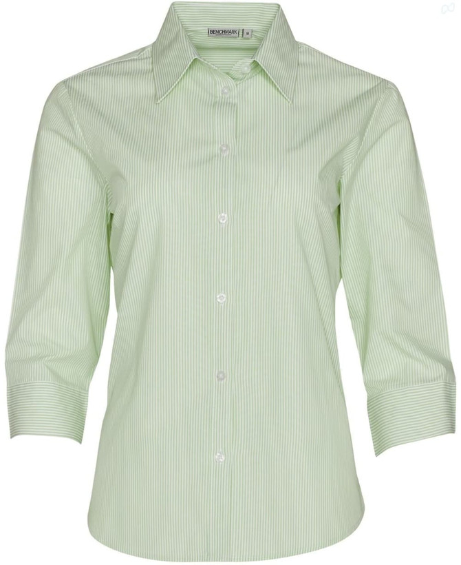A green striped 3/4 sleeve button-up shirt featuring a collar and a logo on the label.