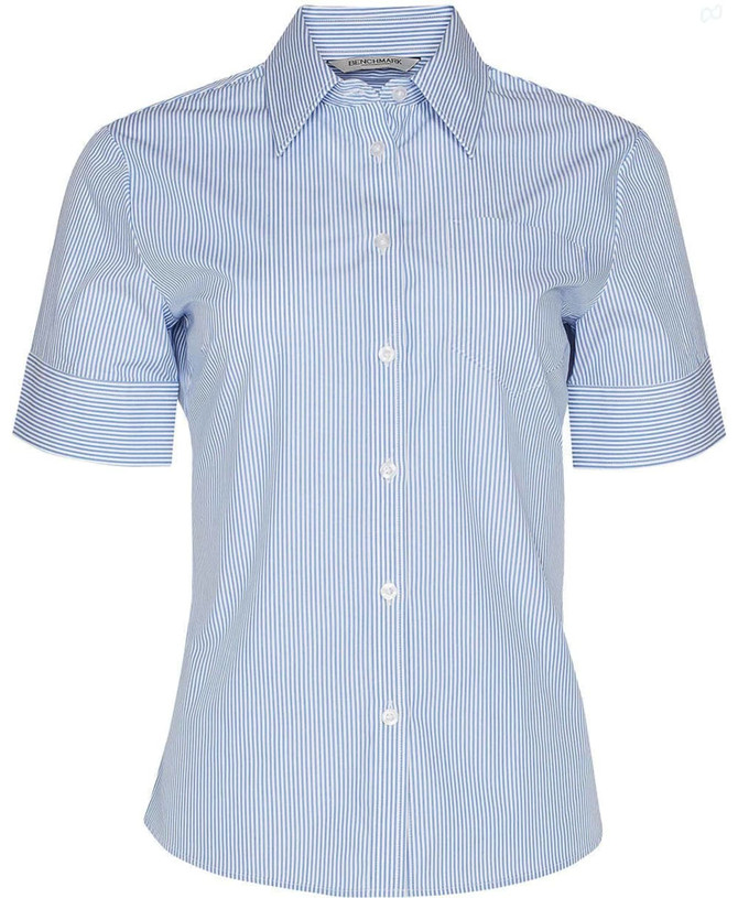 A blue and white striped women's short sleeve button-up shirt featuring a collar and a logo.
