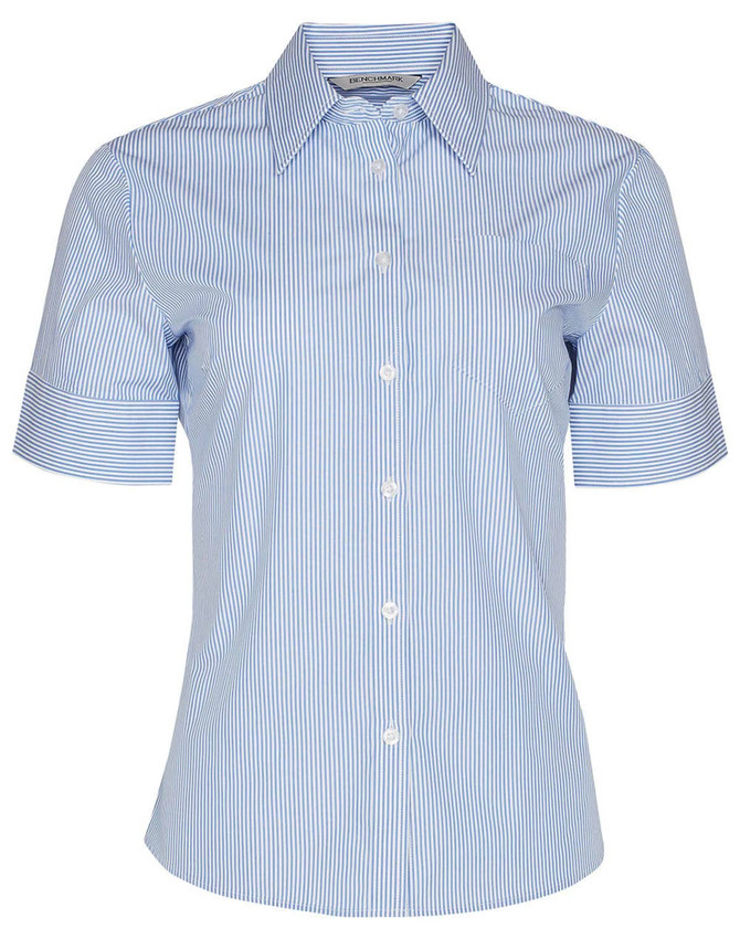 A blue and white striped women's short sleeve button-up shirt featuring a collar and a logo.