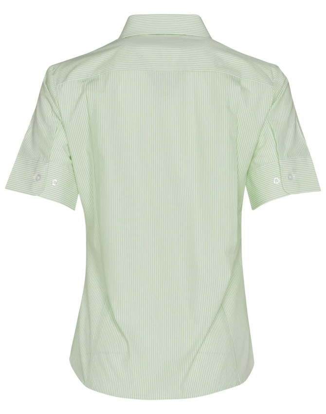 A light green button-up shirt with short sleeves and a striped pattern, featuring a logo on the back.