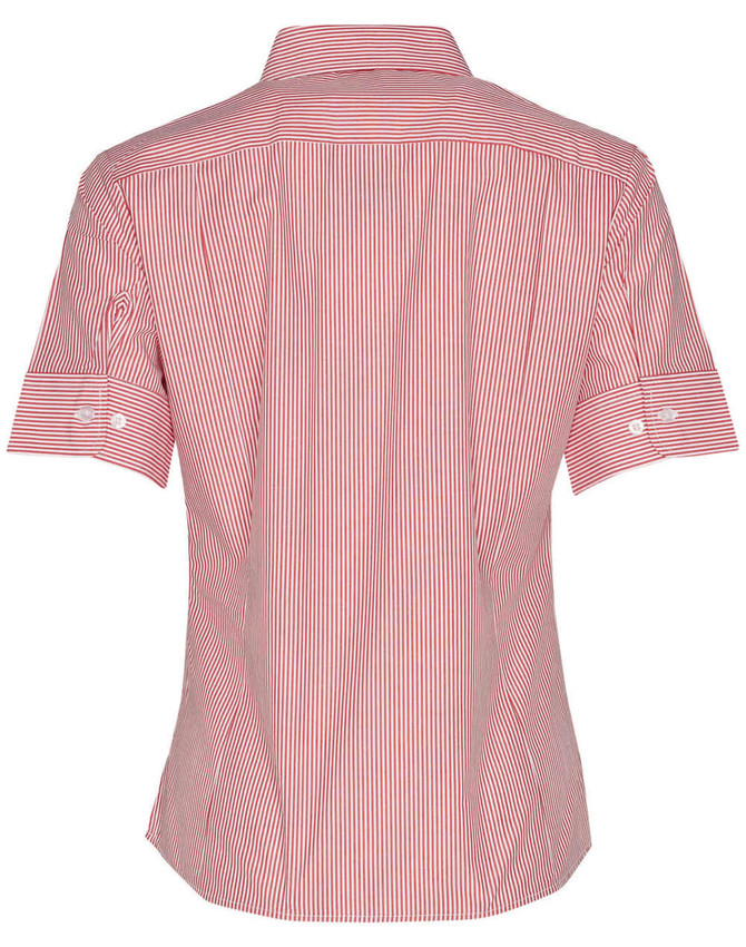 A short-sleeve women's button-up shirt featuring red and white stripes, with a back view showcasing the design.