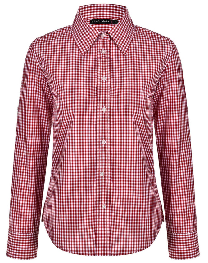 A red and white gingham check roll-up long sleeve shirt with a button-up front and collar, featuring a branding logo.