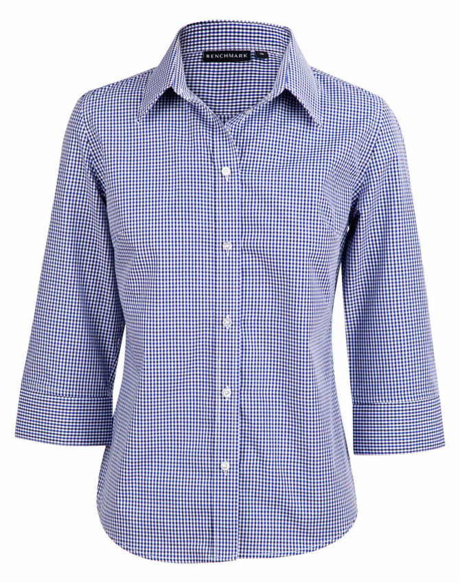 A blue and white check 3/4 sleeve button-up shirt featuring an embroidered logo on the collar.