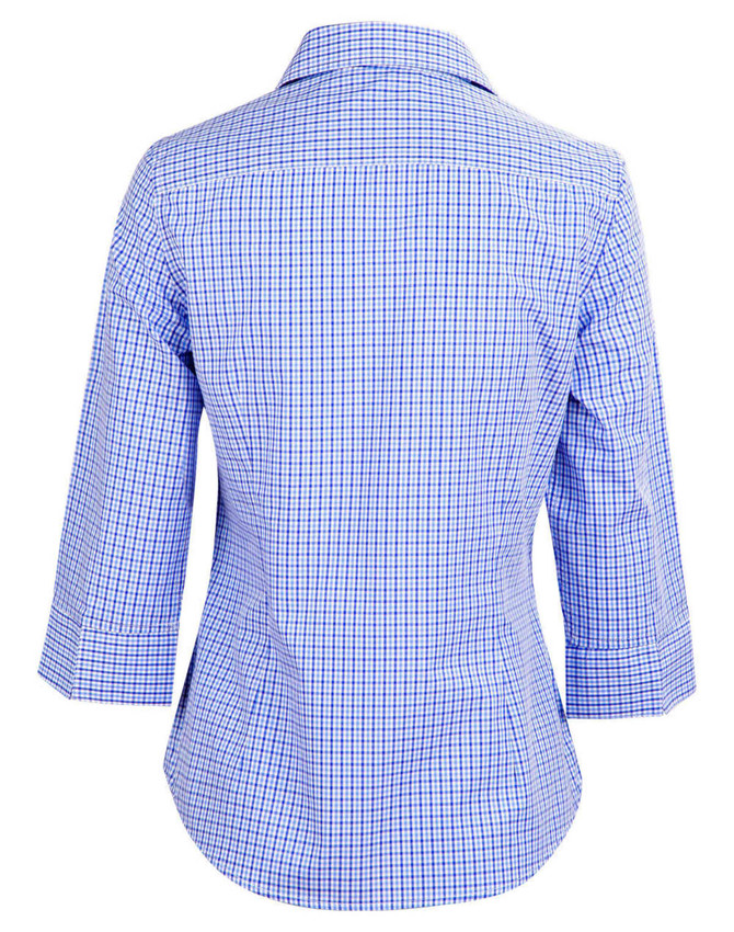 A blue and white check 3/4 sleeve button-up shirt with a stylish back design. Features a logo on the fabric.