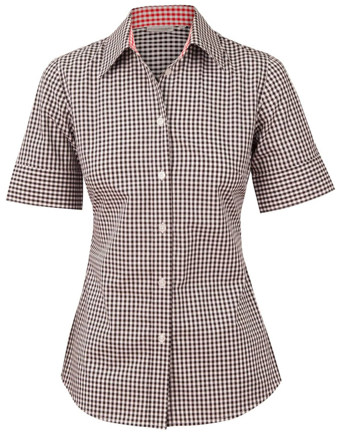 A women's short-sleeved button-up shirt featuring a brown and white gingham check pattern with a contrasting red inner collar.