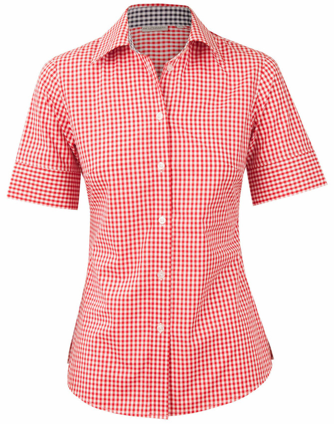 A red and white gingham check short-sleeve button-up shirt featuring a collar and a branded label.