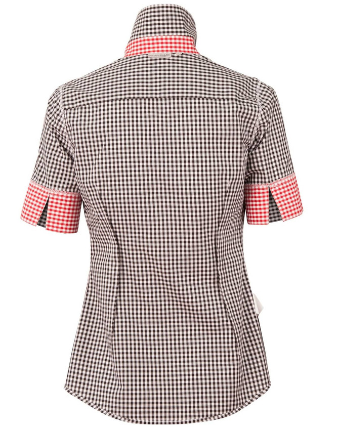 A short-sleeved women's button-up shirt featuring a black and white gingham check pattern with contrasting red accents on the sleeves.