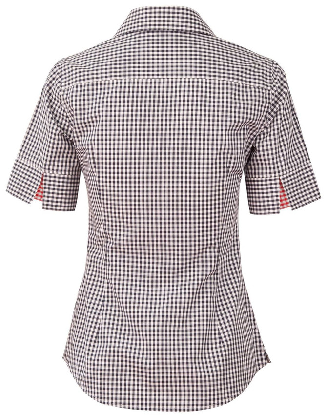 A black and white gingham check short-sleeve button-up shirt featuring a fitted design and a logo.