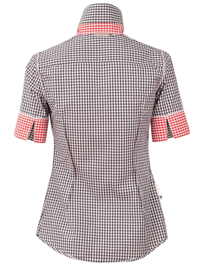A black and white gingham check short sleeve shirt with a contrasting red check collar and cuffs. Features a branding logo.