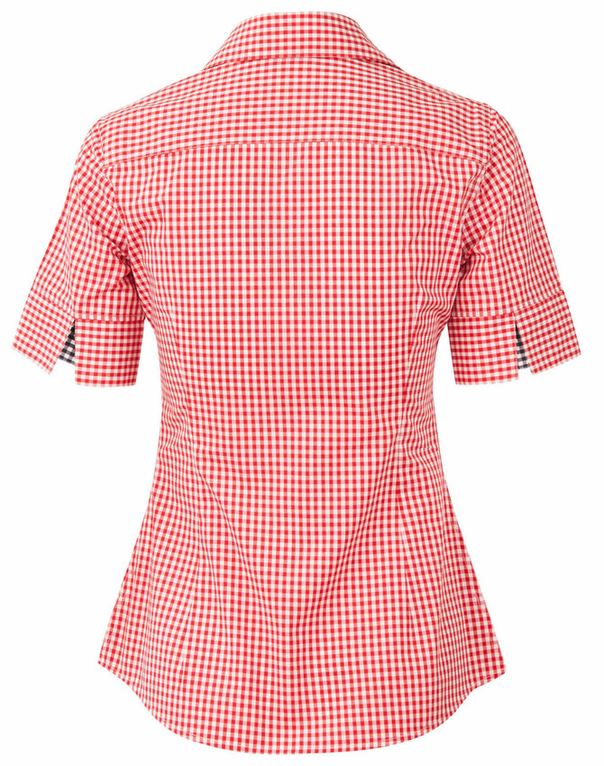 A women's short-sleeve button-up shirt in red and white gingham check pattern, featuring a fitted design and collar.