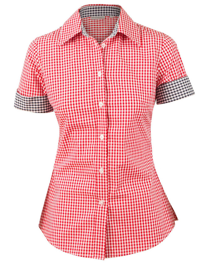 A red gingham check button-up shirt with short sleeves and a black and white checked collar. Features a logo.