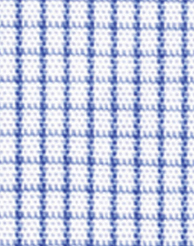 A close-up of a blue and white mini check pattern fabric used in a women's button-up shirt.