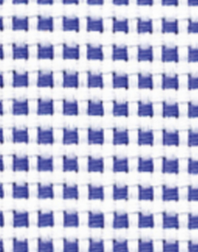 A close-up of a checkered fabric pattern featuring white and blue squares. The texture is a woven material.