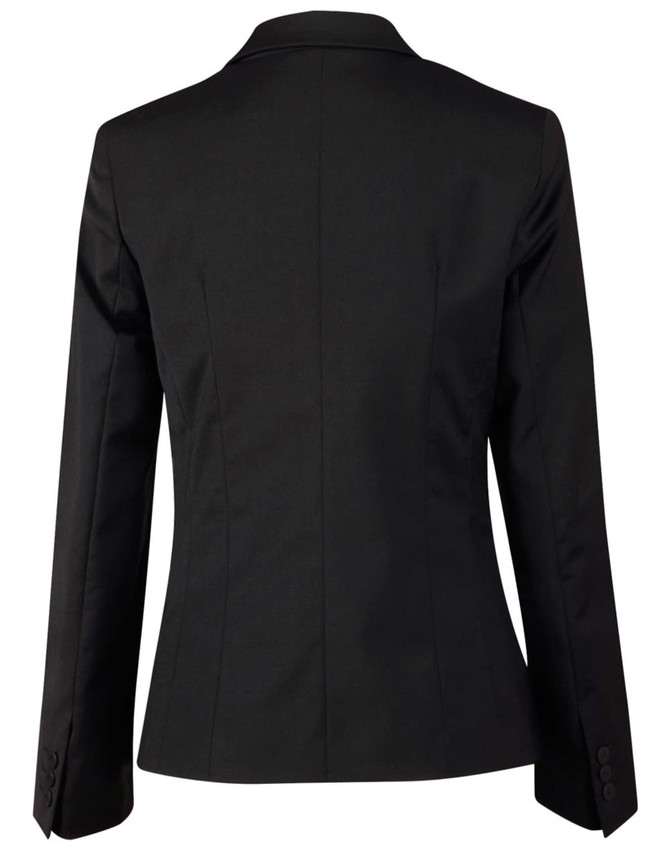 A black wool blend stretch cropped jacket featuring a one-button closure and tailored back design.
