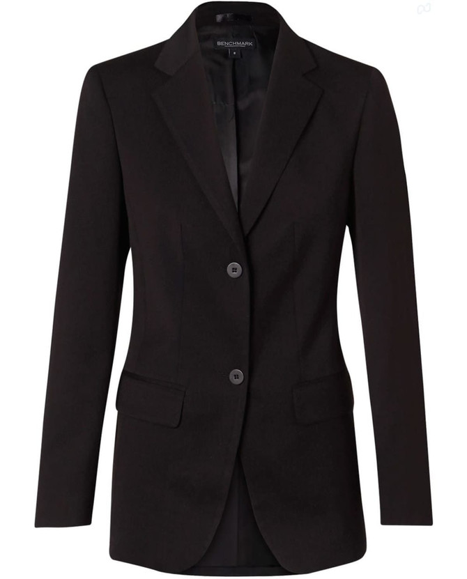 A black mid-length jacket with two buttons and a fitted design. Features pockets and a logo on the label.