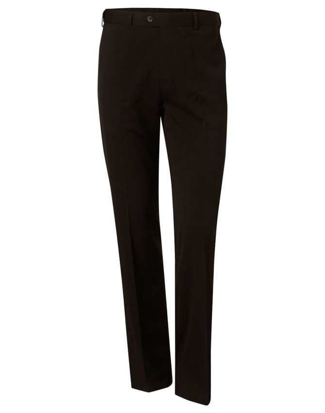 Men's stretch wool blend pants in black, featuring a classic design and a waistband with a button closure, includes branding.