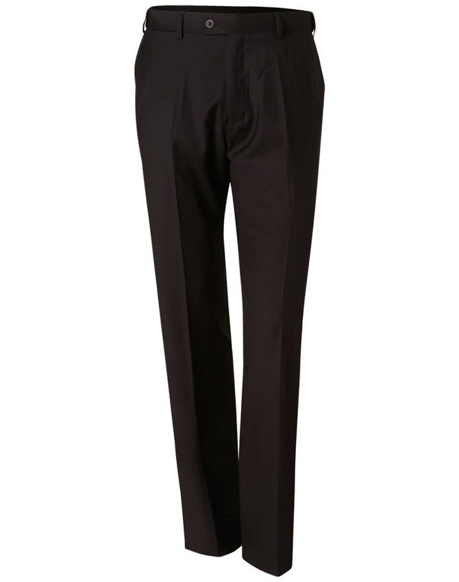 Men's black polyviscose stretch pants with a straight cut, featuring a waistband and a button closure.