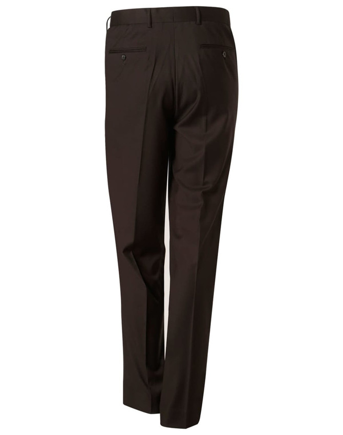Brown men's polyviscose stretch pants with a tailored design, featuring two back pockets and a logo.