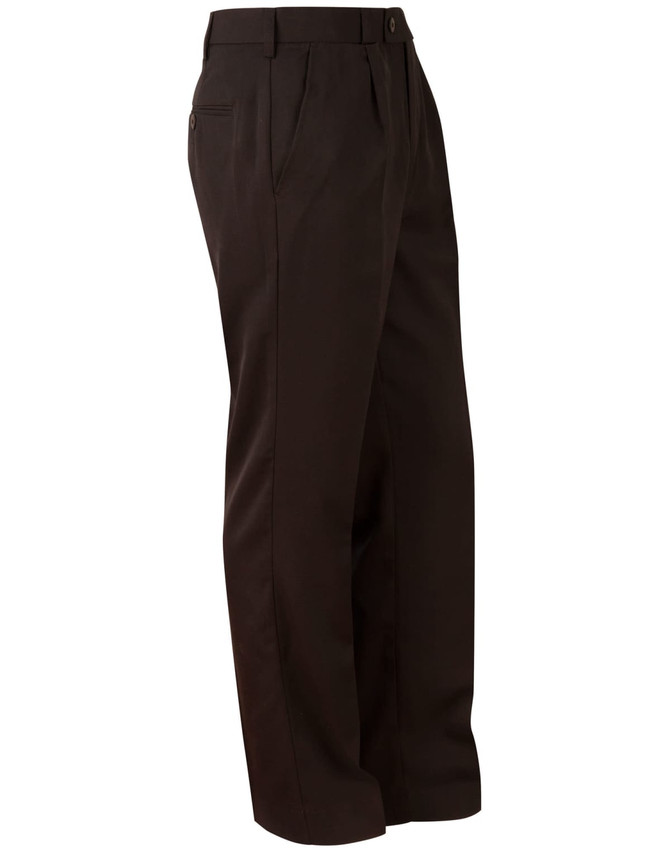Brown men's chino pants featuring a straight leg design and a logo on the waistband.
