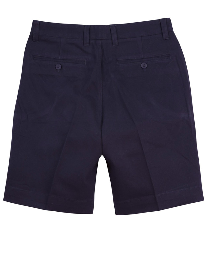 Men's chino shorts in navy blue with a classic cut and two back pockets, featuring a logo on the waistband.