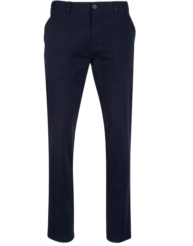 Men's dark navy chino pants with a classic fit, featuring belt loops and a logo. Ideal for smart-casual wear.