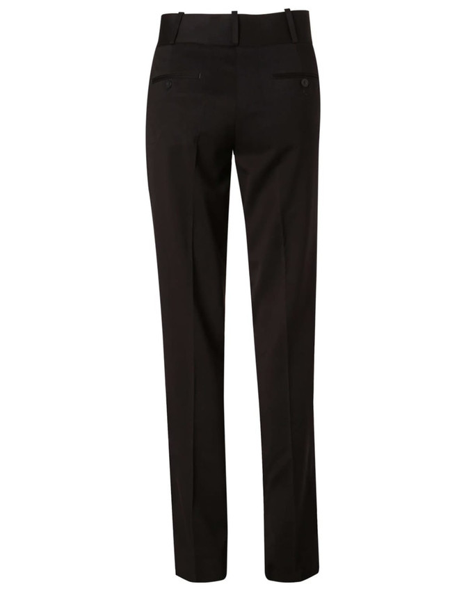 A pair of women's low rise pants in black, made from poly/viscose stretch, featuring a fitted design and back pockets.