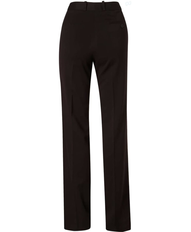 Black women's utility pants featuring a flexi waist and made from a poly/viscose stretch fabric.
