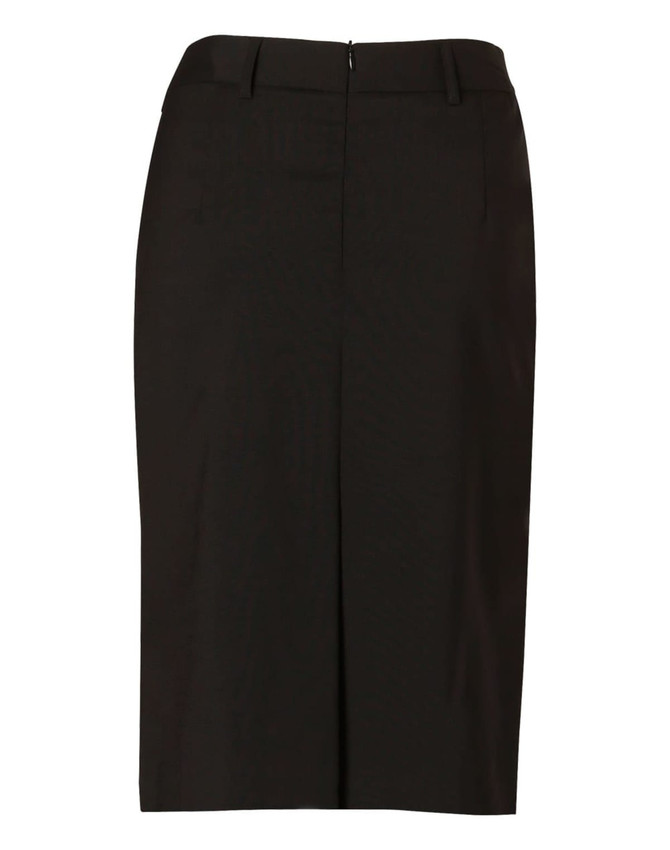 A black mid-length lined pencil skirt made from wool stretch fabric, featuring a zip closure and belt loops.