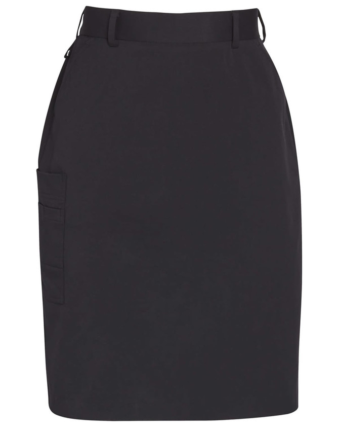 A black ladies' utility cargo skirt featuring pockets and a sleek design. The garment includes a belt for adjustment.