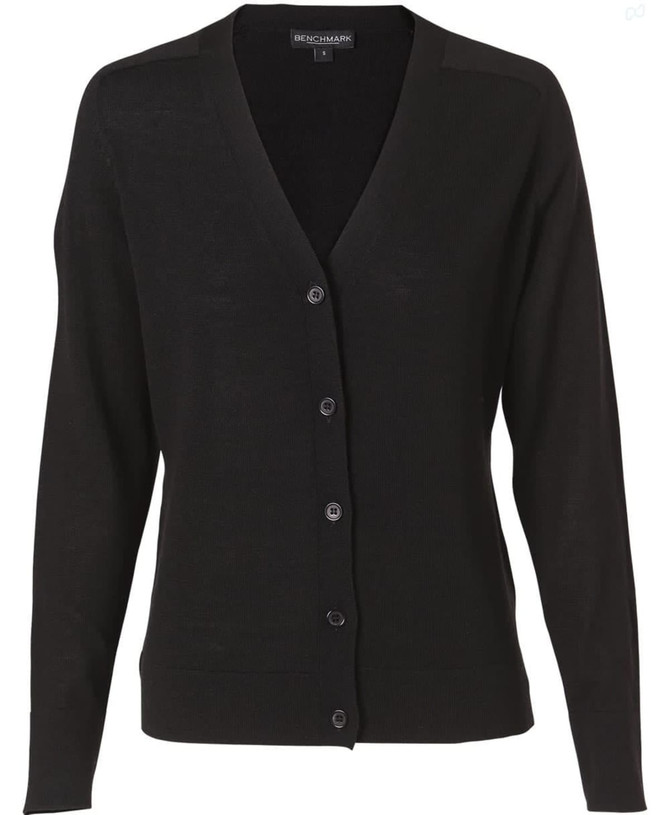 A black women's 100% Merino wool long sleeve cardigan with a v-neck and button closure, featuring a subtle logo.