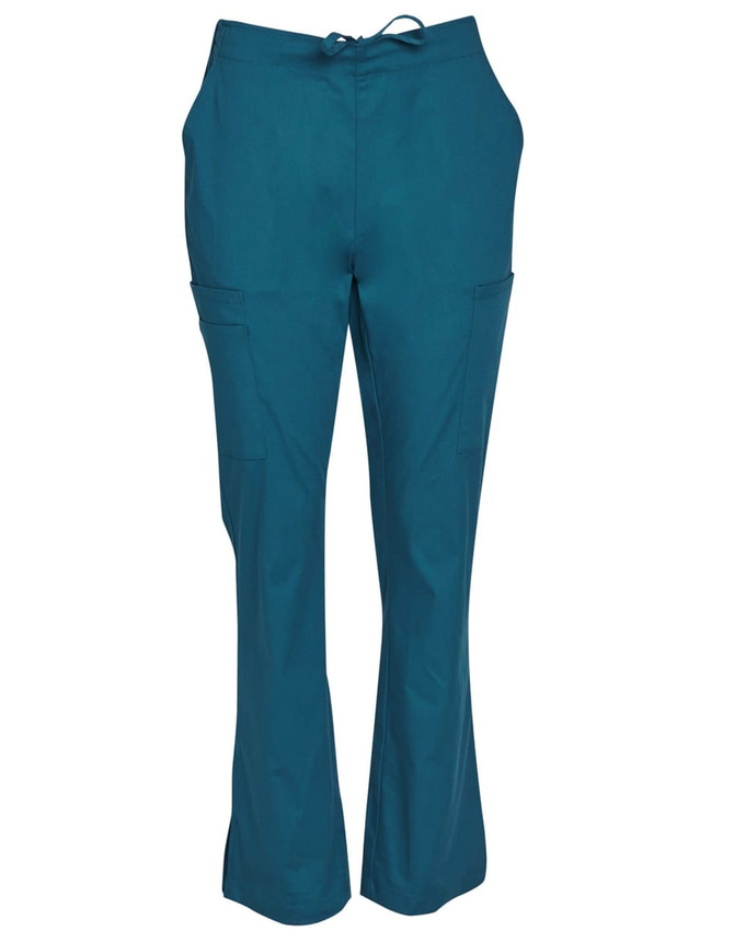 Teal solid colour scrub pants with pockets, featuring a drawstring waist and a logo.