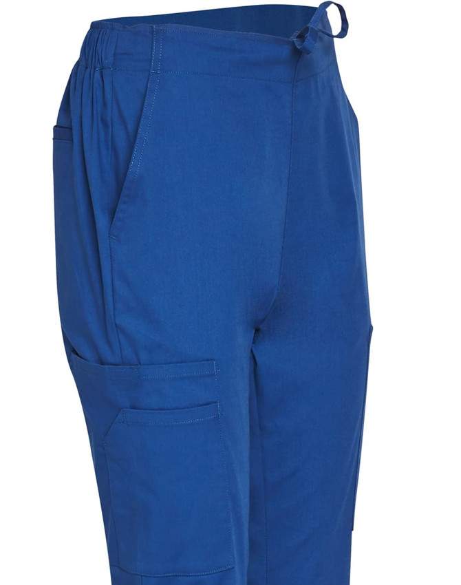 Solid blue ladies' scrub pants with an elastic waistband and side pockets, featuring a logo on the fabric.