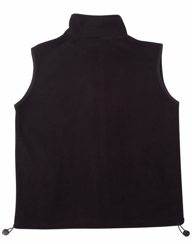 A black unisex polar fleece vest with a high collar and adjustable drawstrings at the hem. It features a logo.
